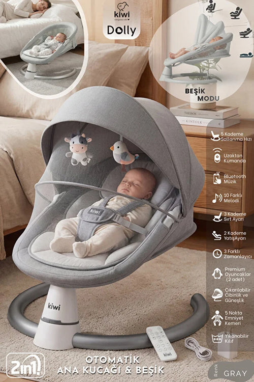 Dolly 2in1 Otomatik Sallanan Bebek Beşiği ve Ana Kucağı - Bluetoothlu - Gri