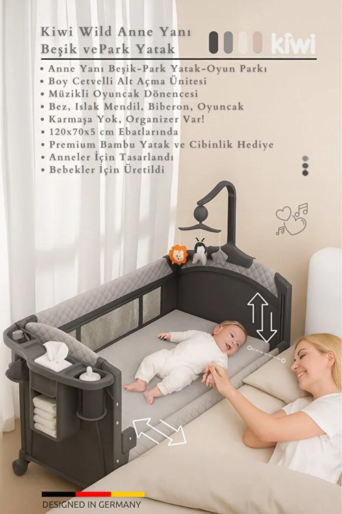 WildNest 3in1 Anne Yanı Park Yatak - Katlanır Akıllı Beşik (70x122 cm) - Antrasit