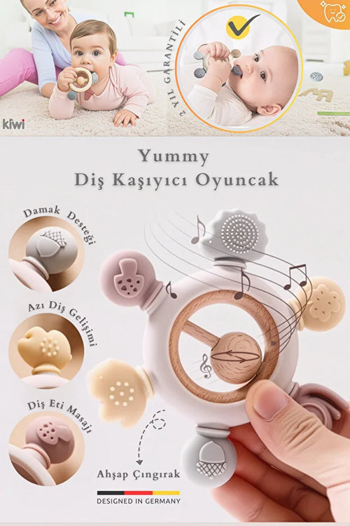 Yummy Çıngıraklı Bebek Diş Kaşıyıcı – %100 Güvenli Silikon, Organik & Ağrısız Diş Çıkarma (0–12 Ay)