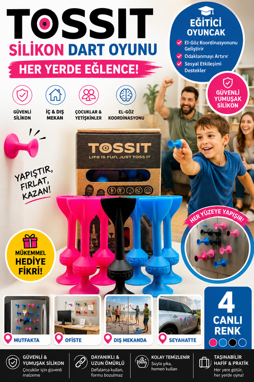 Tossit Silikon Vantuzlu Dart Oyunu Seti - Eğlenceli Aile ve Arkadaş Aktivite Paketi (2 Renk + 1 Jack) Pembe-Siyah-Mavi