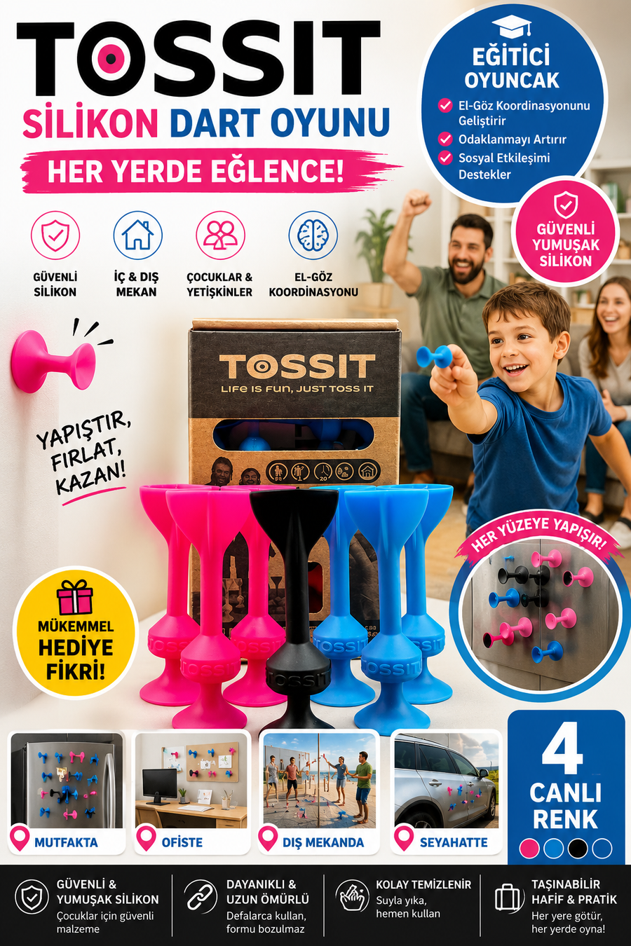 Tossit Silikon Vantuzlu Dart Oyunu Seti - Eğlenceli Aile ve Arkadaş Aktivite Paketi (2 Renk + 1 Jack) Pembe-Siyah-Mavi