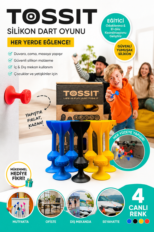 Tossit Silikon Vantuzlu Dart Oyunu Seti - Eğlenceli Aile ve Arkadaş Aktivite Paketi (2 Renk + 1 Jack) Sarı-Siyah-Mavi