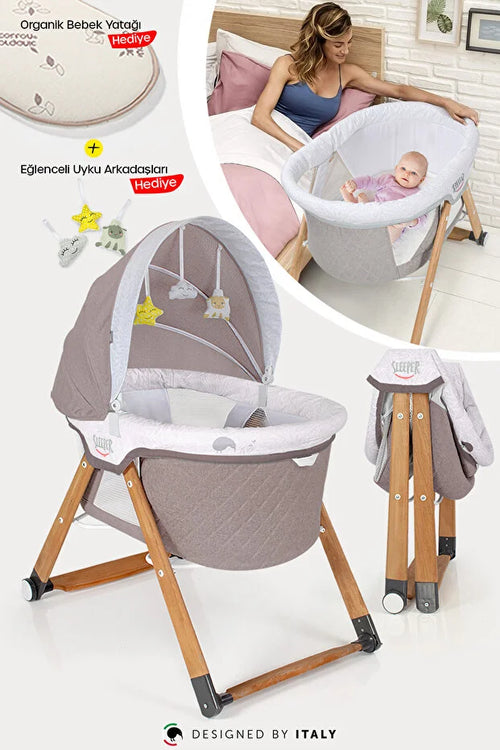 Sleeper Anne Yanı Beşik - Luna Desen Portatif, Sallanır, Tekerlekli ve Katlanır Bebek Beşiği (+ Lüks Yatak Hediyeli) - Luna Gri