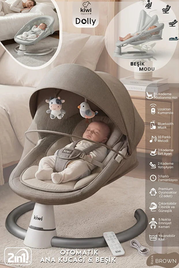 Dolly 2in1 Otomatik Sallanan Bebek Beşiği ve Ana Kucağı - Bluetoothlu - Kahverengi