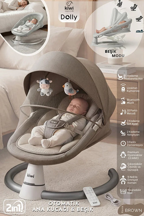 Dolly 2in1 Otomatik Sallanan Bebek Beşiği ve Ana Kucağı - Bluetoothlu - Kahverengi