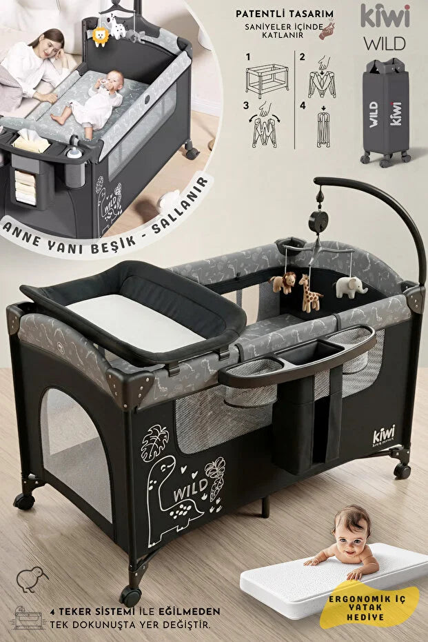 WildNest 3in1 Anne Yanı Park Yatak - Katlanır Akıllı Beşik (70x122 cm) - Siyah