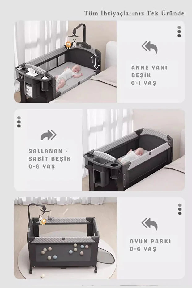 WildNest 3in1 Anne Yanı Park Yatak - Katlanır Akıllı Beşik (70x122 cm) - Kahve