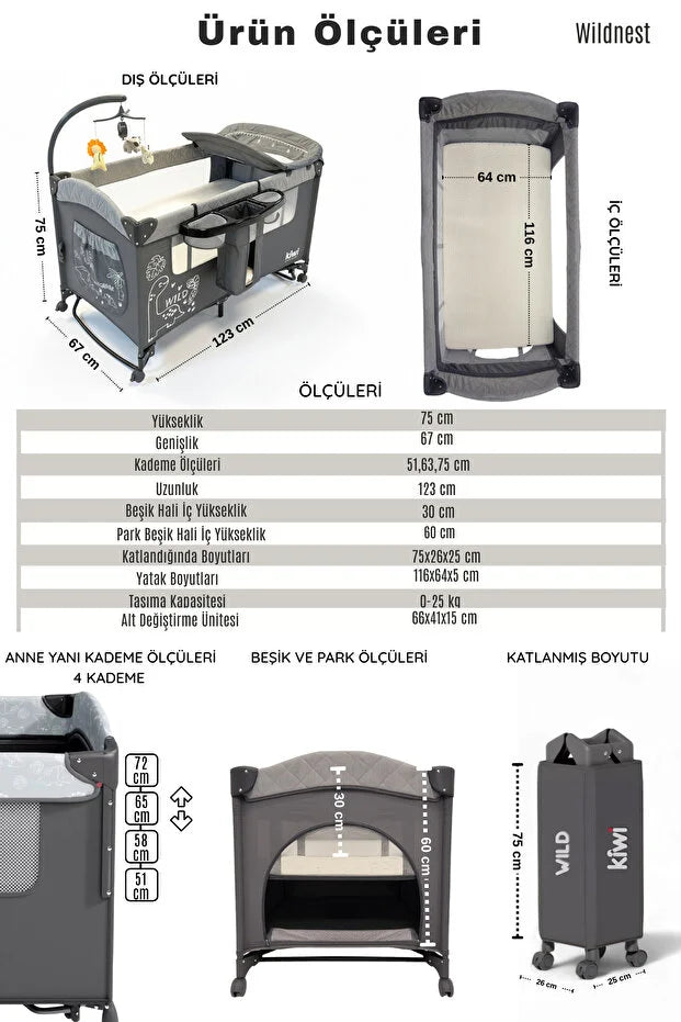 WildNest 3in1 Anne Yanı Park Yatak - Katlanır Akıllı Beşik (70x122 cm) - Kahve