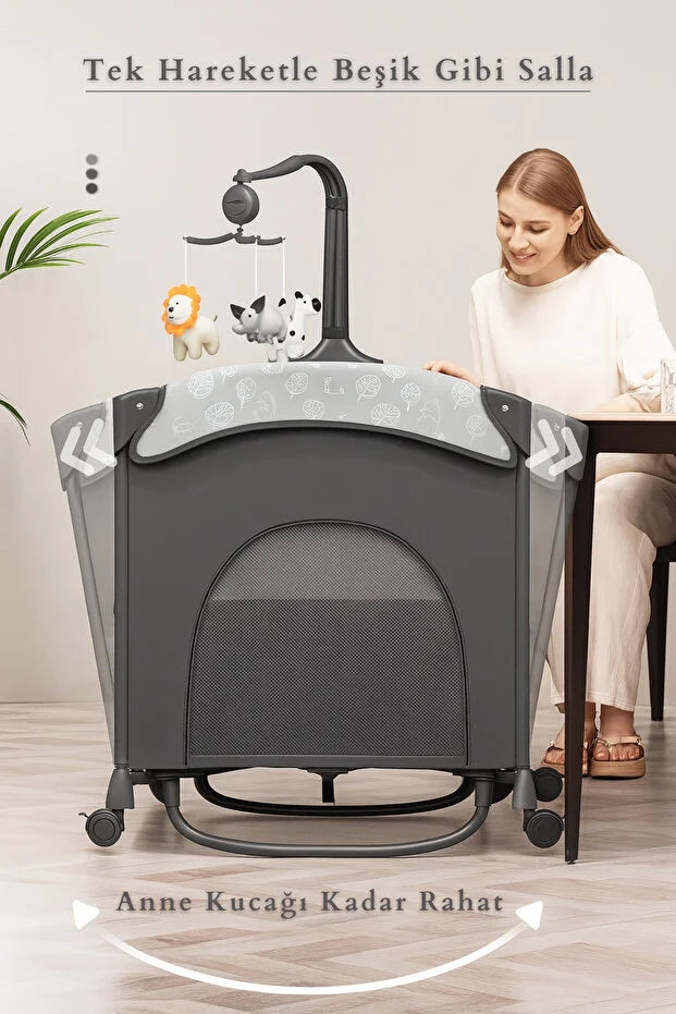 WildNest 3in1 Anne Yanı Park Yatak - Katlanır Akıllı Beşik (70x122 cm) - Kahve