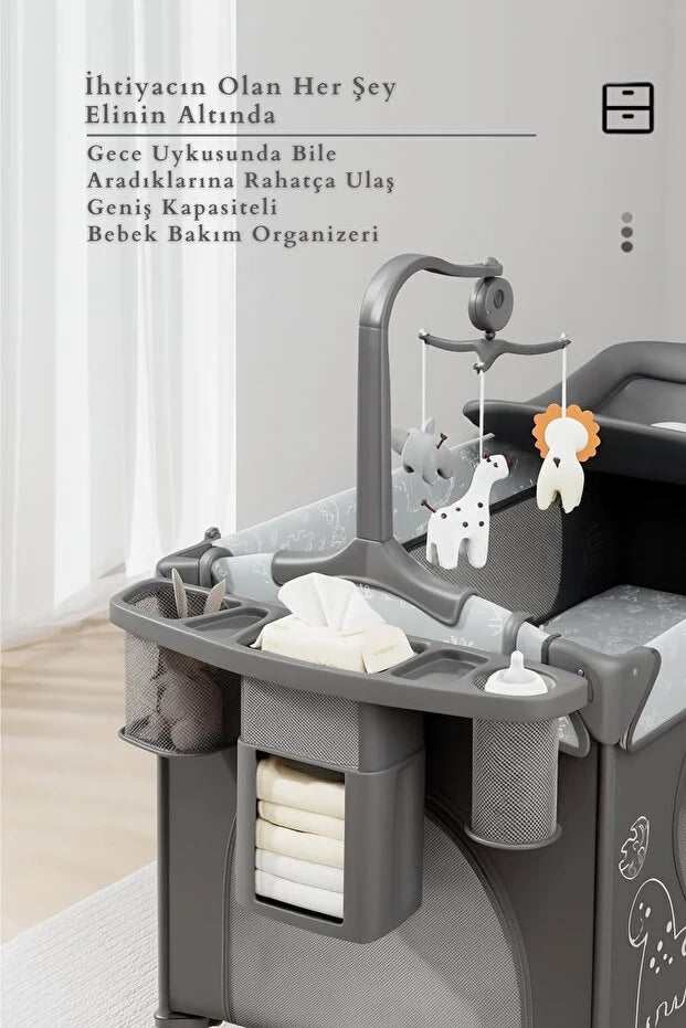 WildNest 3in1 Anne Yanı Park Yatak - Katlanır Akıllı Beşik (70x122 cm) - Kahve