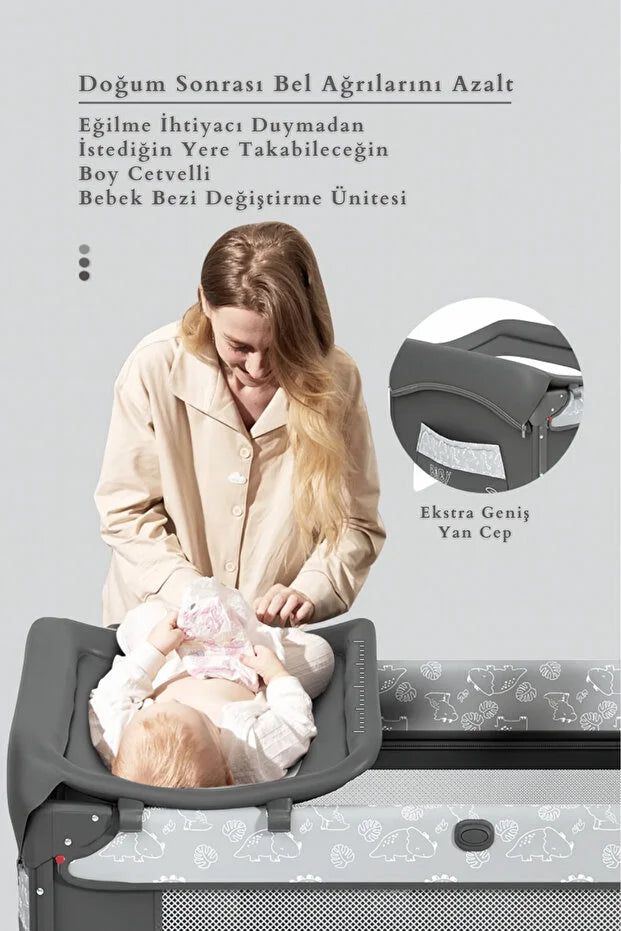 WildNest 3in1 Anne Yanı Park Yatak - Katlanır Akıllı Beşik (70x122 cm) - Kahve