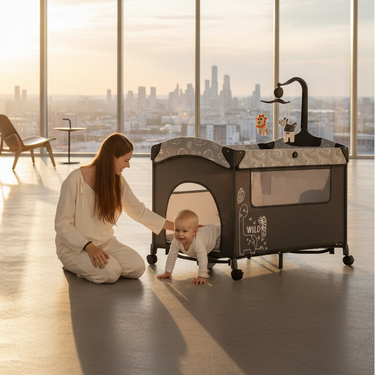 WildNest 3in1 Anne Yanı Park Yatak - Katlanır Akıllı Beşik (70x122 cm) - Kahve