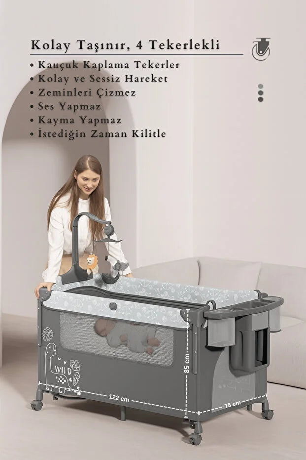 WildNest 3in1 Anne Yanı Park Yatak - Katlanır Akıllı Beşik (70x122 cm) - Kahve
