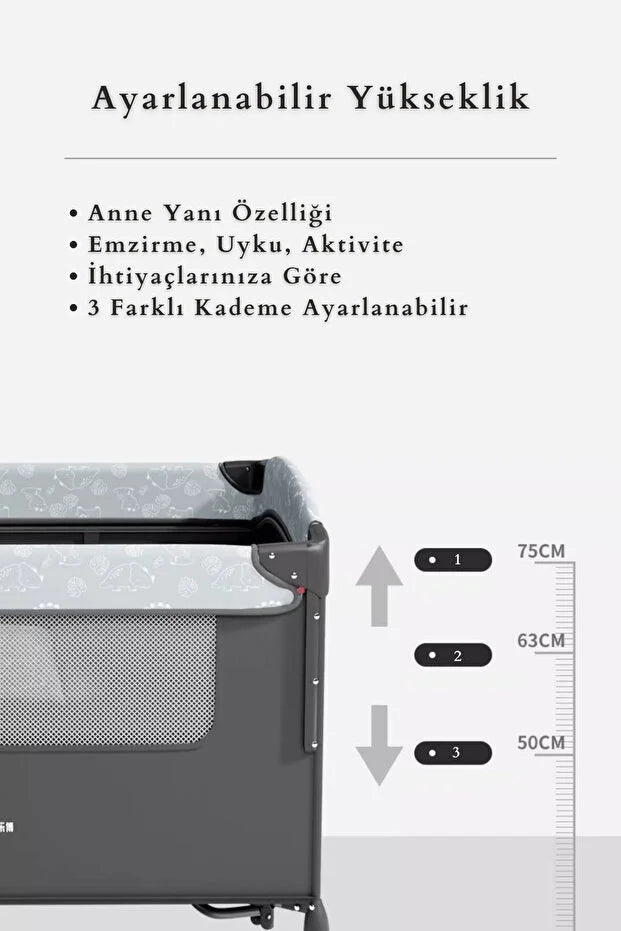 WildNest 3in1 Anne Yanı Park Yatak - Katlanır Akıllı Beşik (70x122 cm) - Kahve