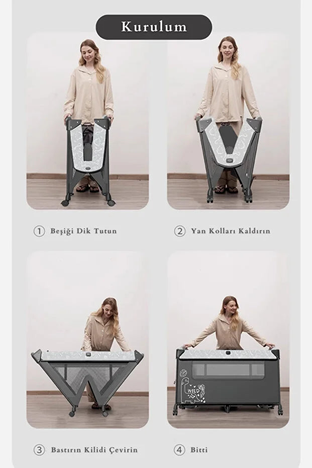 WildNest 3in1 Anne Yanı Park Yatak - Katlanır Akıllı Beşik (70x122 cm) - Kahve