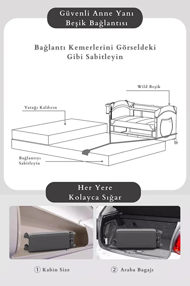 WildNest 3in1 Anne Yanı Park Yatak - Katlanır Akıllı Beşik (70x122 cm) - Kahve