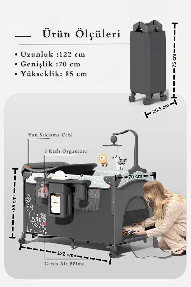 WildNest 3in1 Anne Yanı Park Yatak - Katlanır Akıllı Beşik (70x122 cm) - Kahve