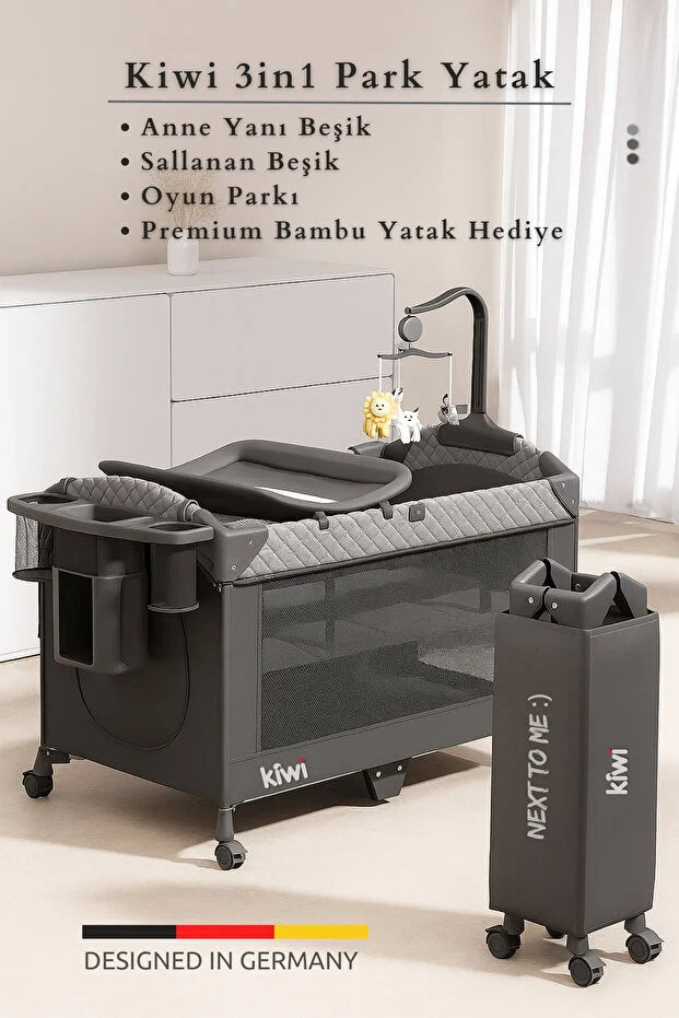WildNest 3in1 Anne Yanı Park Yatak - Katlanır Akıllı Beşik (70x122 cm) - Kahve