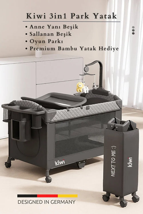WildNest 3in1 Anne Yanı Park Yatak - Katlanır Akıllı Beşik (70x122 cm) - Siyah