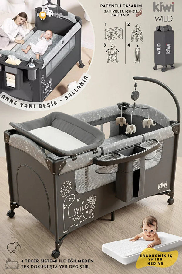 WildNest 3in1 Anne Yanı Park Yatak - Katlanır Akıllı Beşik (70x122 cm) - Antrasit