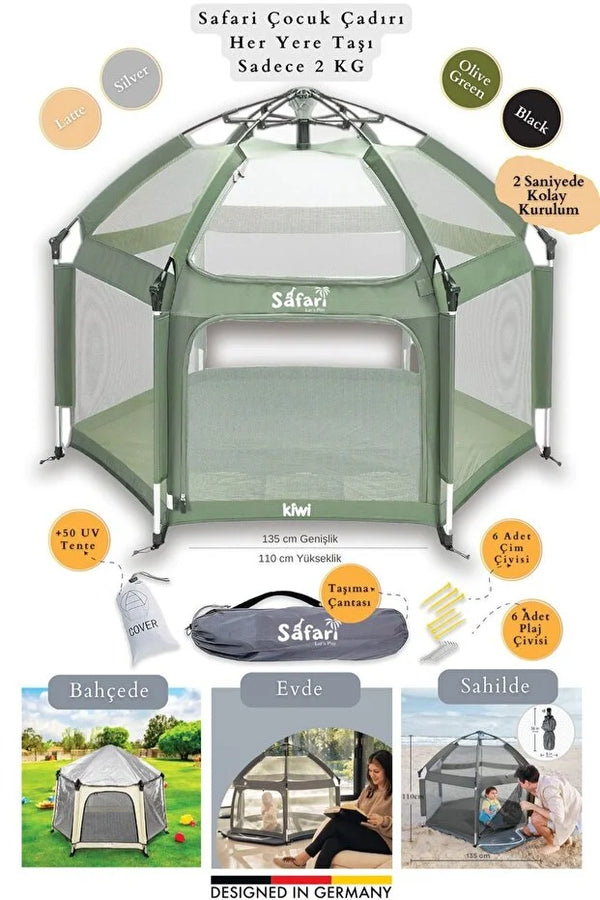 Safari Çocuk & Bebek Oyun Çadırı - +50 UV Korumalı ve Pratik Kurulum - Haki
