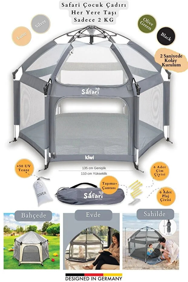 Safari Çocuk & Bebek Oyun Çadırı - +50 UV Korumalı ve Pratik Kurulum - Gri