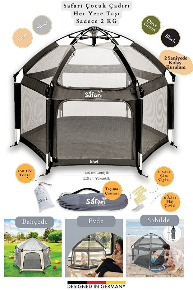 Safari Çocuk & Bebek Oyun Çadırı - +50 UV Korumalı ve Pratik Kurulum - Siyah