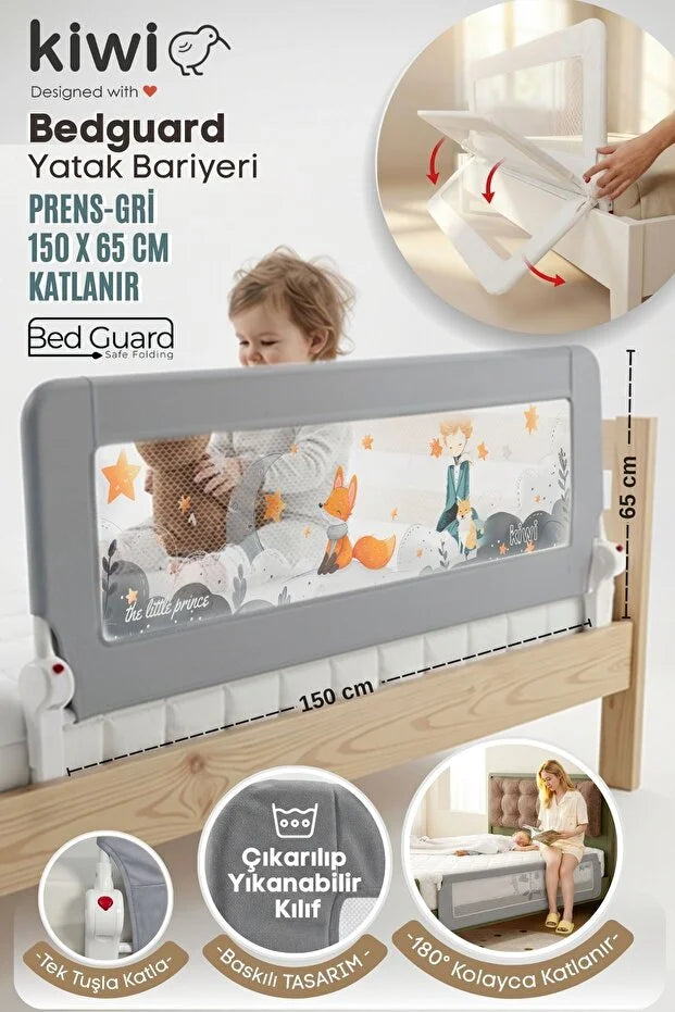 Bed Guard Asansörlü Çocuk Yatak Korumalığı – Küçük Prens Desenli, Gri (150 × 60–70 cm)