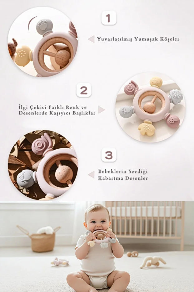 Yummy Çıngıraklı Bebek Diş Kaşıyıcı – %100 Güvenli Silikon, Organik & Ağrısız Diş Çıkarma (0–12 Ay)