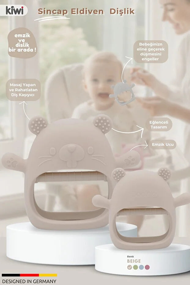 Sincap Bebek Diş Kaşıyıcı Eldiven – Emzik Uçlu Silikon Dişlik Oyuncak, BPA İçermez (0–12 Ay, Bej)