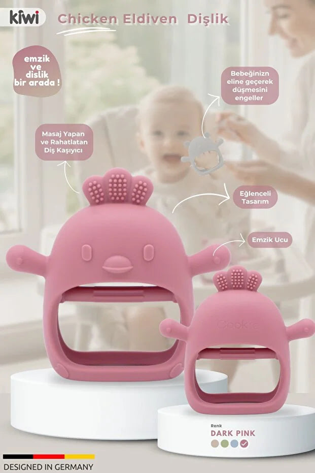 Chicken Sincap Bebek Diş Kaşıyıcı Eldiven - Yumuşak Silikon & Emzik Uçlu - Dark Pink