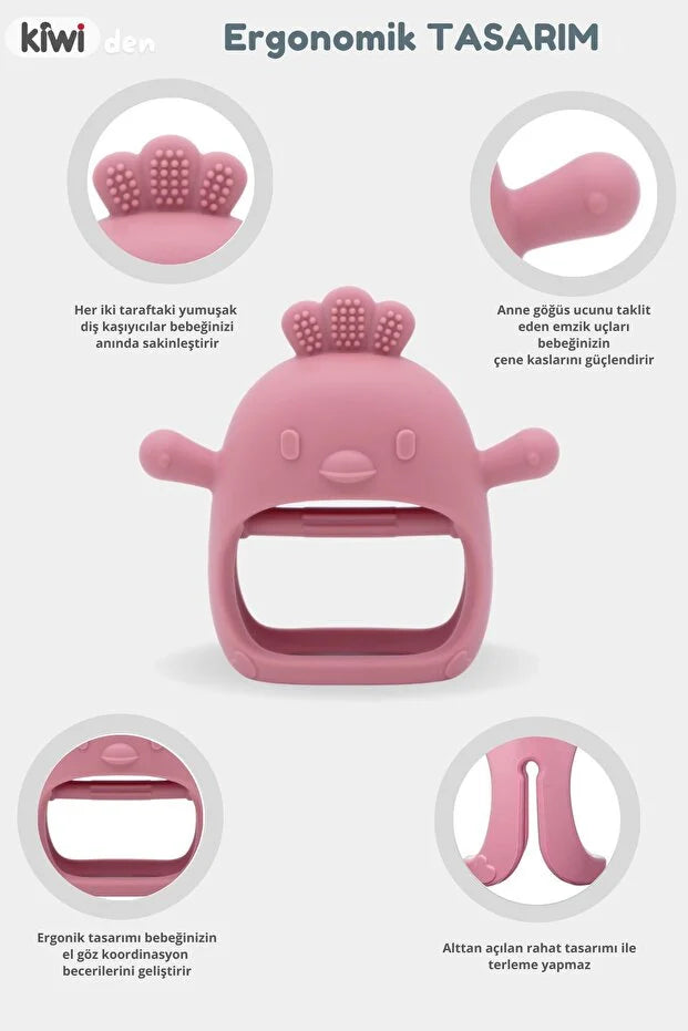 2 in 1 Silikon Bebek Diş Kaşıyıcı Seti - Eldiven Şeklinde Sincap Dişlik - Olive & Pink