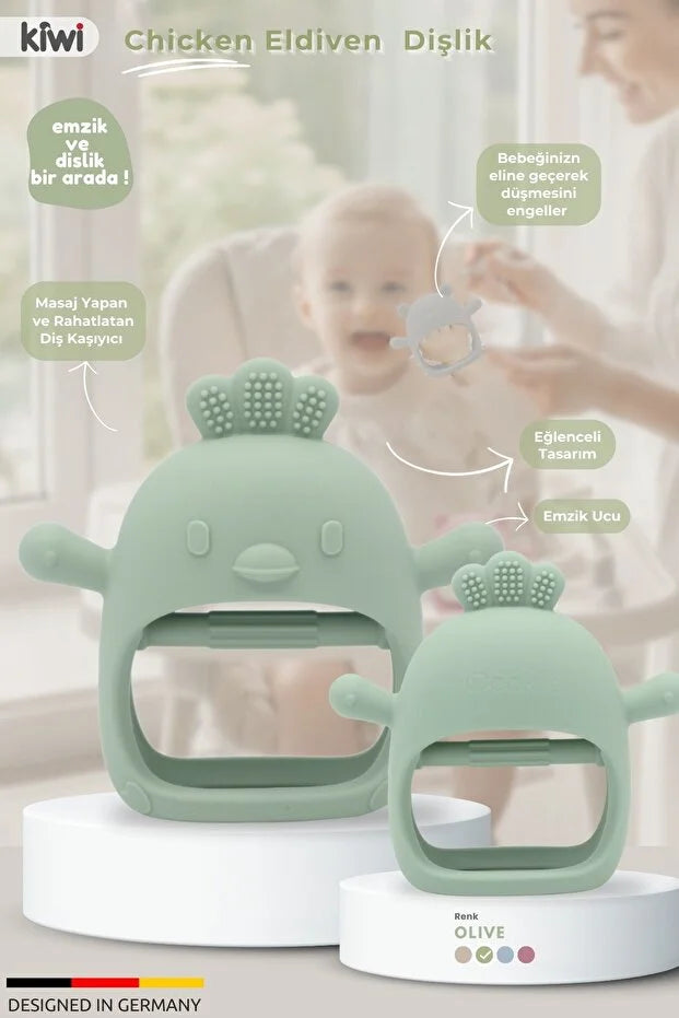 Chicken Sincap Bebek Diş Kaşıyıcı Eldiven - Yumuşak Silikon & Emzik Uçlu - Olive