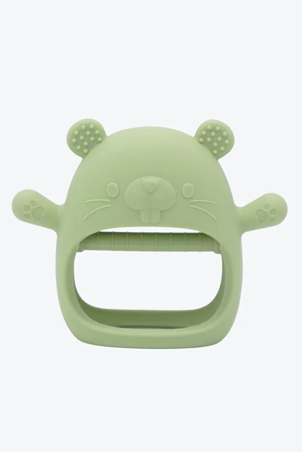 2 in 1 Silikon Bebek Diş Kaşıyıcı Seti - Eldiven Şeklinde Sincap Dişlik - Bej & Olive