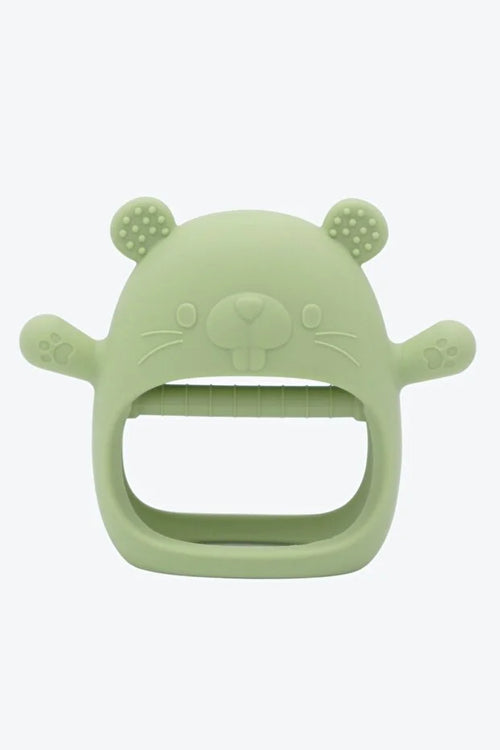 2 in 1 Silikon Bebek Diş Kaşıyıcı Seti - Eldiven Şeklinde Sincap Dişlik - Bej & Olive