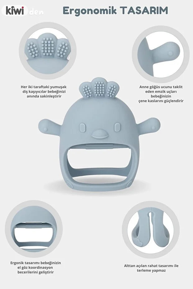 2 in 1 Silikon Bebek Diş Kaşıyıcı Seti - Eldiven Şeklinde Sincap Dişlik - Bej & Mavi