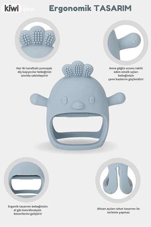 2 in 1 Silikon Bebek Diş Kaşıyıcı Seti - Eldiven Şeklinde Sincap Dişlik - Bej & Mavi