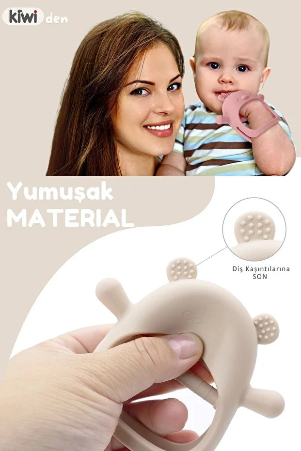 2 in 1 Silikon Bebek Diş Kaşıyıcı Seti - Eldiven Şeklinde Sincap Dişlik - Bej & Pink