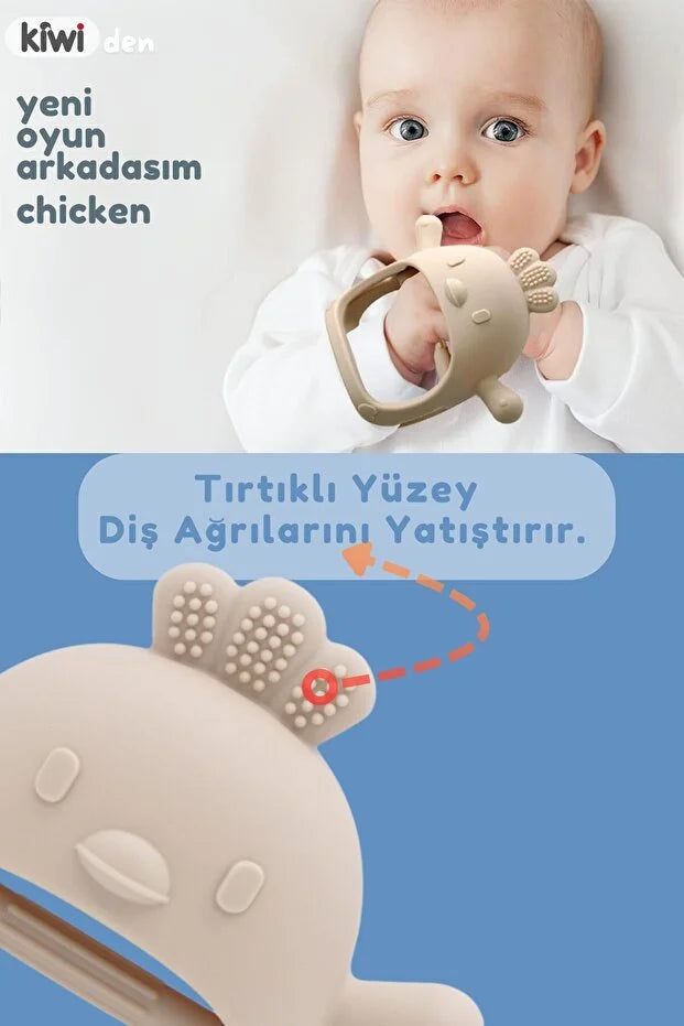 2 in 1 Silikon Bebek Diş Kaşıyıcı Seti - Eldiven Şeklinde Sincap Dişlik - Bej & Pink