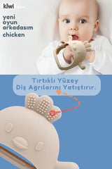 2 in 1 Silikon Bebek Diş Kaşıyıcı Seti - Eldiven Şeklinde Sincap Dişlik - Bej & Mavi