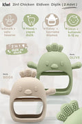 2 in 1 Silikon Bebek Diş Kaşıyıcı Seti - Eldiven Şeklinde Sincap Dişlik - Bej & Olive