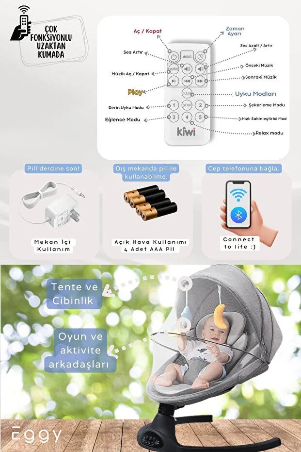 EggyOne Elektrikli Otomatik Sallanan Bebek Ana Kucağı - Bluetooth & Kumandalı