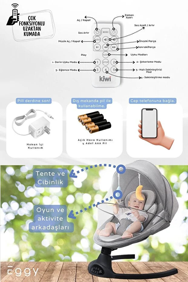 Eggy Plus Elektrikli Otomatik Sallanan Bebek Ana Kucağı - Gri