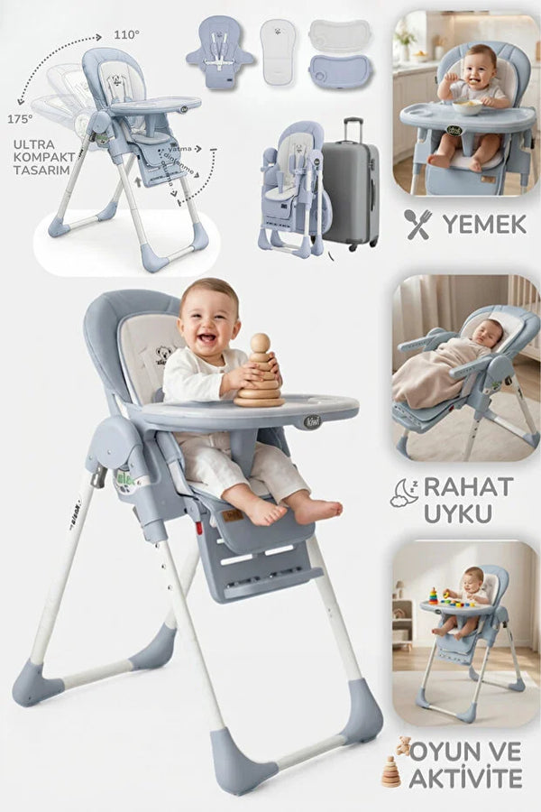 Koala Portatif Katlanır Mama Sandalyesi - 6 Kademeli Yükseklik Ayarlı, Tekerlekli ve Çift Tepsili - Mavi