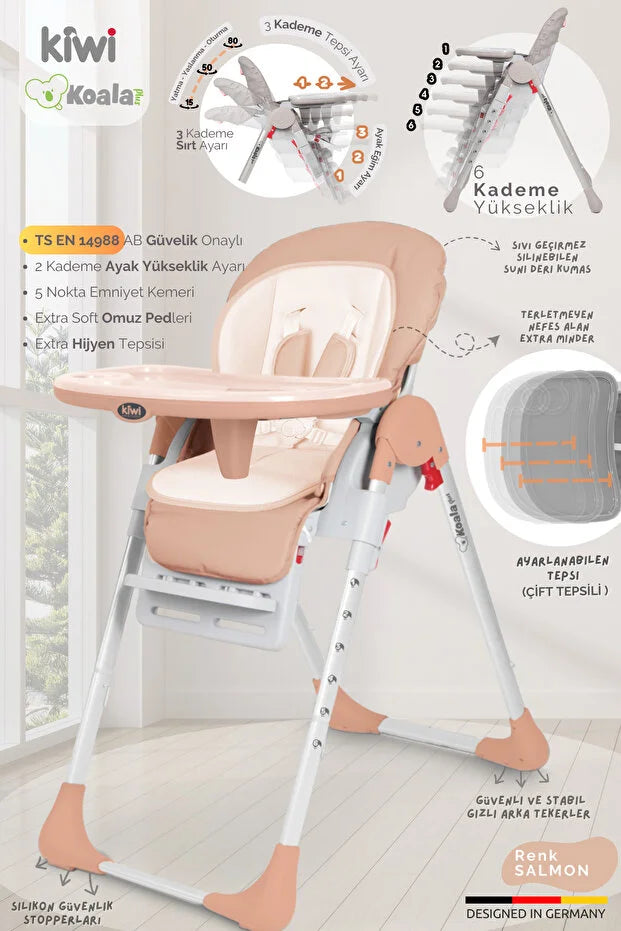 Koala Portatif Katlanır Mama Sandalyesi - 6 Kademeli Yükseklik Ayarlı, Tekerlekli ve Çift Tepsili - Solmun