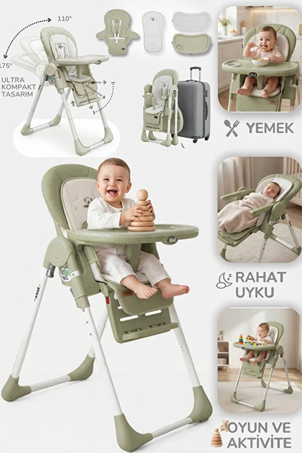 Koala Portatif Katlanır Mama Sandalyesi - 6 Kademeli Yükseklik Ayarlı, Tekerlekli ve Çift Tepsili - Yeşil