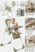 Koala Portatif Katlanır Mama Sandalyesi - 6 Kademeli Yükseklik Ayarlı, Tekerlekli ve Çift Tepsili - Yeşil