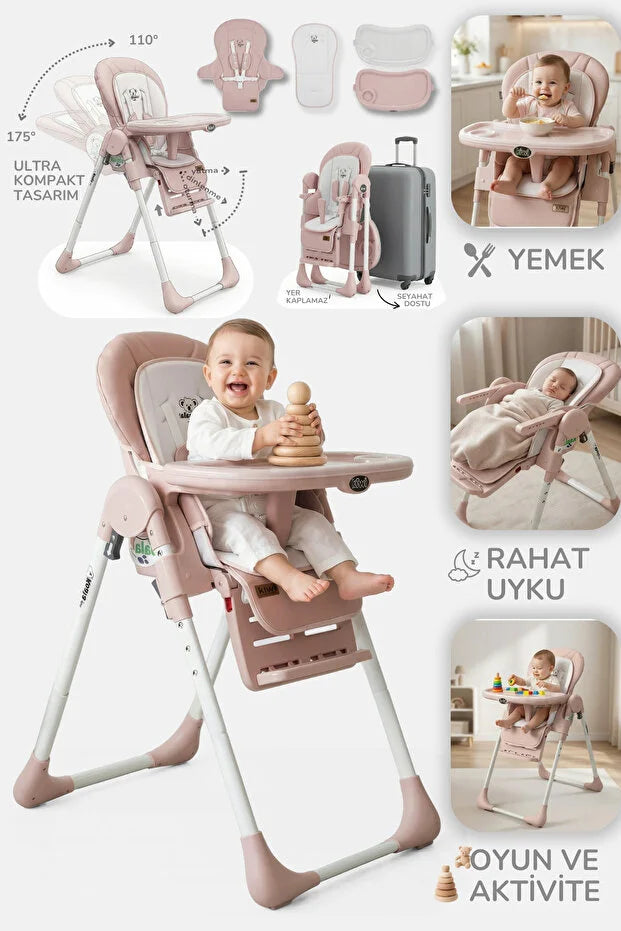 Koala Portatif Katlanır Mama Sandalyesi - 6 Kademeli Yükseklik Ayarlı, Tekerlekli ve Çift Tepsili - Pembe