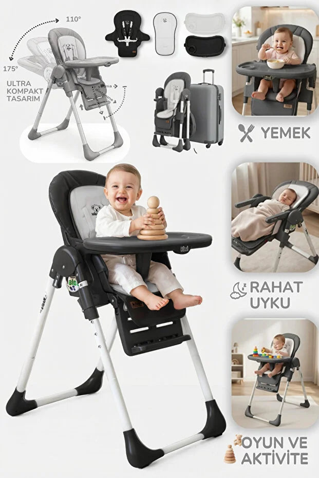 Koala Portatif Katlanır Mama Sandalyesi - 6 Kademeli Yükseklik Ayarlı, Tekerlekli ve Çift Tepsili - Siyah