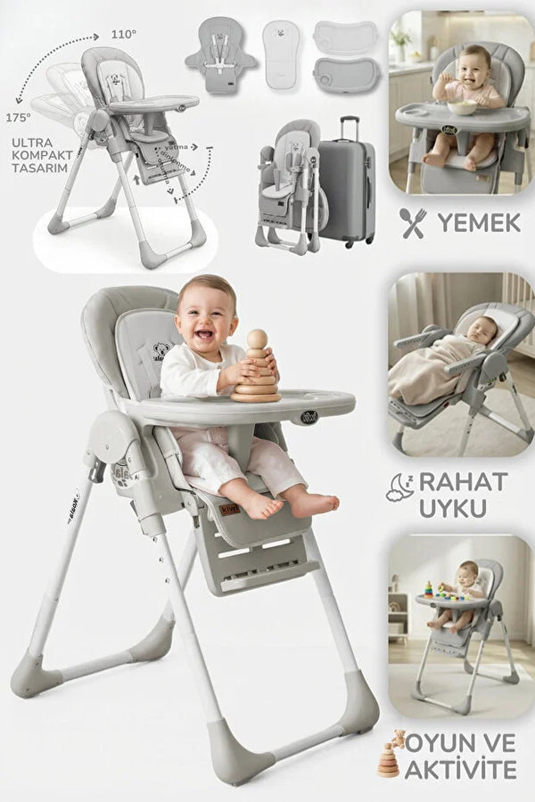 Koala Portatif Katlanır Mama Sandalyesi - 6 Kademeli Yükseklik Ayarlı, Tekerlekli ve Çift Tepsili - Gri